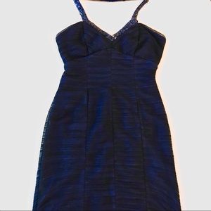 Black and Blue Beaded Halter V-Neck Formal Dress